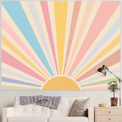 Zussun Boho Sun Tapestry Vintage 70s Sunset Sunrise Tapestries for Bedroom Aesthetic Retro Abstract Art Colorful Rainbow Classroom Tapestry Wall Hanging for Living Room Dorm (60" x 44") - color: Light Yellow, size: 60"L x 44"W