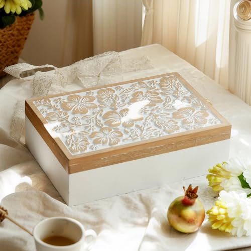 Wooden Keepsake Box - Decorative Floral Wood Boxes with Hinged Lid, Flower Engraved Design, 10.24" W
