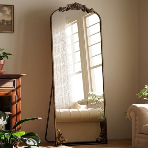 21"x 64" Arched Full Length Mirror, Freestanding Floor Mirror with Carved Metal Frame & Bottom Art Carved, Bronze Full Body Mirror for HomeDecor, Halling Wall Mirror with Vintage Ornate Carved Accents - color: Brozne, size: 64"L x 21"W