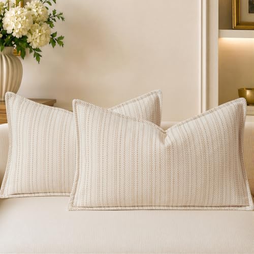 a moment Beige Designer Textured Throw Pillow Covers 12x20 Set of 2 Vertical Striped Chenille Cushion Covers Decorative Pillowcases for Couch Sofa Bed Living Room Boho Farmhouse Home Decor - color: Beige, size: 20" x 12" (Pack of 2)