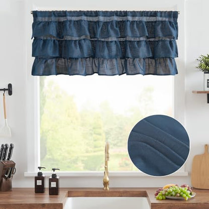 jinchan Ruffled Kitchen Window Valance Curtain, 18 Inch, 1 Panel, Blue Gray - color: 3-tier Ruffle | Blue Gray, size: 50"W x 18"L (Pack of 1)