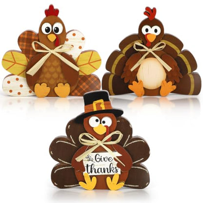 3 Pcs Thanksgiving Decorations for Home Wooden Turkey Table Centerpiece Rustic Wood Signs Block Harvest Tabletop Fall Decor Indoor Tiered Tray Office Desk Shelf Mantel Kitchen Autumn Party Supplies