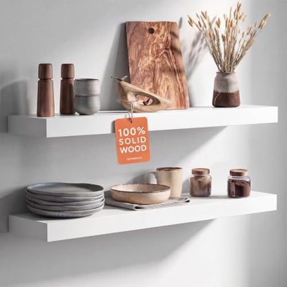Homeforia 30 Inch Floating Shelves, High-End Solid Pine Wood, Set of 2 - color: Classic White - Soft Neutral Satin, size: 30 inch