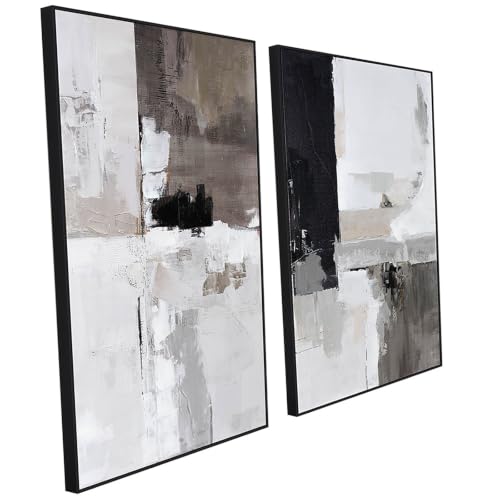 SAFERRYHOME Neutral Abstract Grey and Black Wall Art Set of 2, 24"x36"x2 - color: Black Grey, size: 24" x 36" x 2 Panel Framed