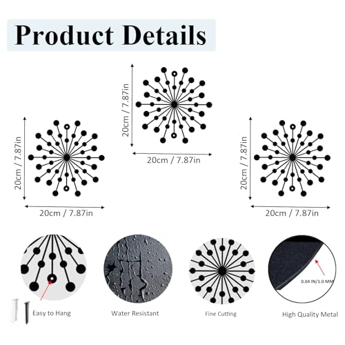 DUOOLN 3 Pcs Metal Sunburst Wall Art, Modern Starburst Decor Sculptures - color: Black - Sun
