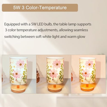 Dried Flowers Small Table Lamp 5W LED 3-Color Bedside Lamp Pressed Flowers Lampshade with Wood Base for Bedroom Living Room Desk Nursery - color: Flower-3-Color