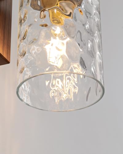 Hammered Glass Battery Operated Wall Sconces Set of Two Gold & Walnut | Dimmable Rechargeable Wall Lights with Remote Timer, Easy Install Lamp for Living Room Bedroom, Emergency 3000K - color: Gold Walnut(Clear Hammered Lampshades)