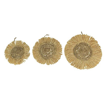 Set of 3 Woven Wall Sculptures, 15 Inch Diameter Dried Grass Decor | Brown Natural Plant Fibers, Medium 12 Inch and Small 10.5 Inch Diameters, Attached Twine Hangers