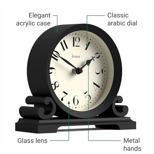 JONES CLOCKS® Saloon Mantel Clock | Small Traditional Double Scroll Design | Black | Contemporary Classic Style for Desk, Table, Shelf or Bedside - color: Black