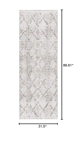 Hauteloom Atria Farmhouse Living Room Bedroom Moroccan Trellis Runner Rug - Soft Shaggy High Low Carpet - High Pile - Bohemian, Boho - Gray, Beige, Cream - 2'7" x 7'3" - color: Charcoal, Cream, Beige / Bogtong, size: 2'8" x 7'3" (Runner)