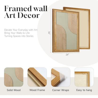 Framed 3D Wood Boho Abstract Textured Wall Decor Living Room, 24x36 Inch - color: Neutral Grey Green