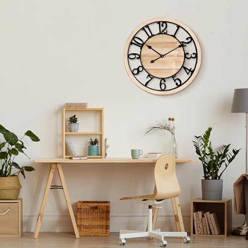 Maxstar 24'' Wall Clock for Living Room Decor, Ultra-Silent Rustic Wooden Farmhouse Wall Clock with Metal & Real Wood Frame, Battery Operated, for Kitchen Bedroom Office, Arabic Numerals