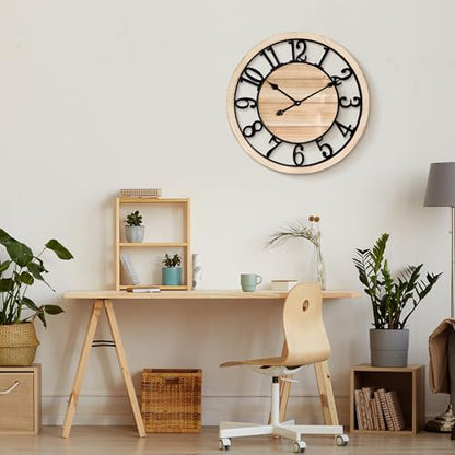 Maxstar 24'' Wall Clock for Living Room Decor, Ultra-Silent Rustic Wooden Farmhouse Wall Clock with Metal & Real Wood Frame, Battery Operated, for Kitchen Bedroom Office, Arabic Numerals