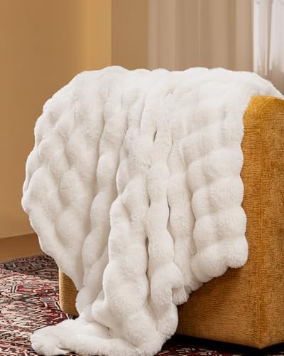 Ultra Soft Cozy Faux Fur Throw Blanket, Fuzzy Plush Thick Bubble Blanket, Luxury Fluffy Blanket for Couch, Sofa, Bedroom, and Living Room, 50x60 Inches, Cream White - color: Cream White, size: Throw(50" X 60")