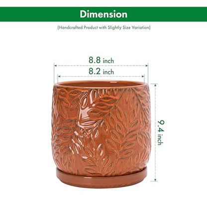 D'vine Dev Embossed Leaves Ceramic Planter, 8 in, Pumpkin, 27-A-Q-J - color: Pumpkin, size: 8 Inch