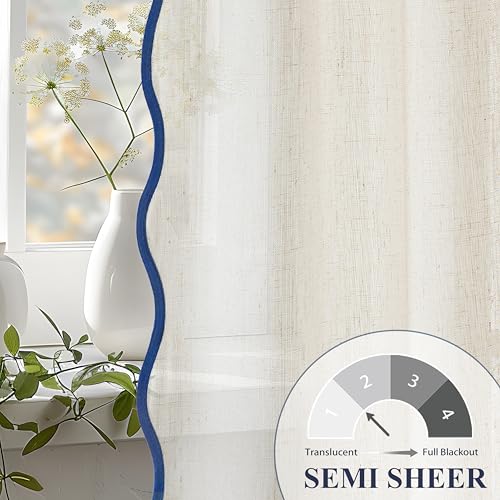 DriftAway Semi Sheer Scalloped Edge Linen Coastal Beach Window Curtains for Living Room Bedroom 2 Panels Rod Pocket Each Size 52 Inch by 63 Inch Navy - color: Linen Navy, size: 52"W x 63"L (Pack of 2)