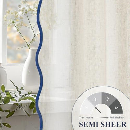 DriftAway Semi Sheer Scalloped Edge Linen Coastal Beach Window Curtains for Living Room Bedroom 2 Panels Rod Pocket Each Size 52 Inch by 63 Inch Navy - color: Linen Navy, size: 52"W x 63"L (Pack of 2)