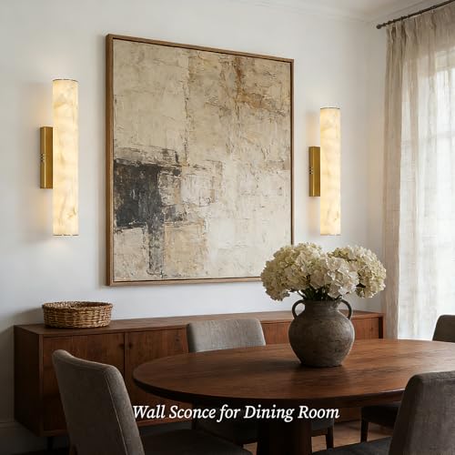 Alabaster Wall Sconce, 20in Linear Gold Brass Wall Sconces, Luxury Marble Look Bathroom Vanity Light, 3000K Dimmable Hardwired Wall Lamp for Living Room Bedroom Hallway, 1 Pack, Faux Alabaster - color: Gold-20in-1pcs