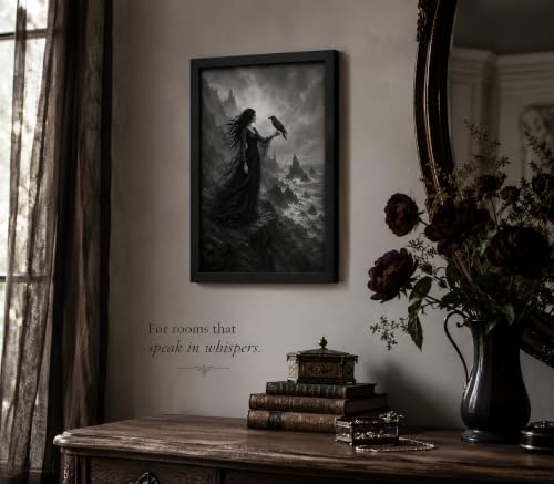 Framed Moody Black Witch and Crow Wall Art,Dark Gothic Misty Seaside Cliff Painting Picture Wall Decor,Halloween Horror Vintage Poster Print Artwork,for Bedroom Living Room Home Decoration - color: Witch and Crow, size: 16"L x 12"W