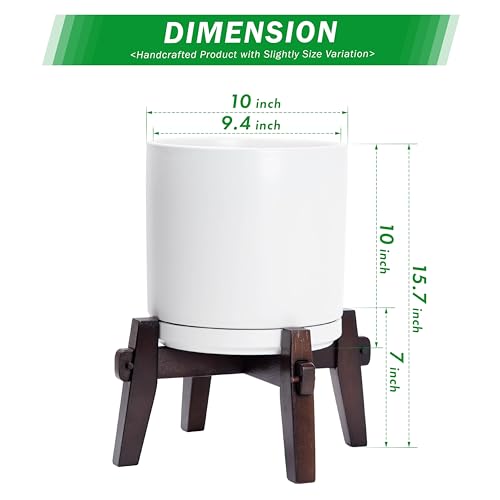 D'vine Dev Ceramic Planter with Wood Stand - 10 Inch Mid Century Modern Cylinder Indoor Plant Pot Set for Indoor Plants & Flowers, White, 55-A-X-1 - size: 10 inch