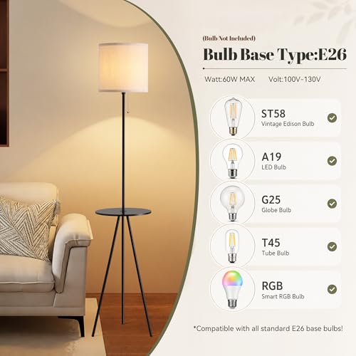 Floor Lamp with Table Attached, Linen Shade, Standing Lamp for Living Room - color: Black