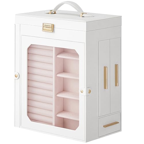 HOOBRO Jewelry Box with Mirror, Travel Jewelry Organizer with Glass Window - color: White + Gold