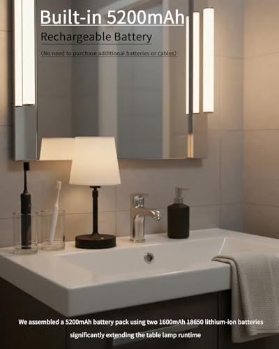 Cordless Table Lamp Rechargeable Touch Black Mini Small Lamp Adjustable Height 5200mAh Battery Operated with Stepless Dimming Function for Bedroom Nightstand Bathroom Kitchen Counter Home Decoration - color: White - Black