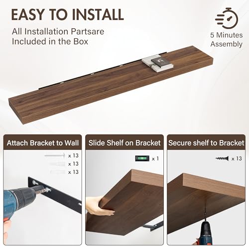 Acovy 72 Inch Floating Shelves, 12" Deep Floating Shelf Wall Mounted, 72" Wall Shelves, Rustic Deep Bookshelf, Extra Deeper & Thicker Display Shelves for Bedroom, Living Room, Walnut, Set of 1 - color: Walnut, size: 12"Wx72"L-1pc