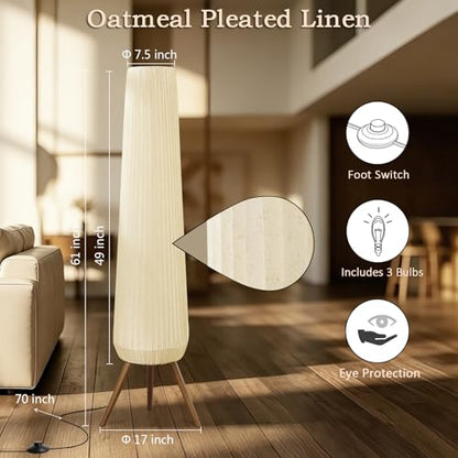 61'' Oatmeal Fabric Pleated Floor Lamp, Walnut Wood Tripod Base