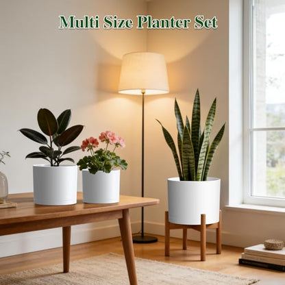 Plant Pots, 10/9/8 Inch 3 Pack Cylindrical Flower Pots with Drainage Holes and Saucers, Plastic Planters for Outdoor Indoor Plants,White - color: White