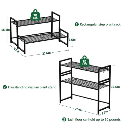 Garden 4 you 2 Tier Metal Stackable Plant Stand, Flower Pot Holder - color: Black, size: 27.5"L x 9.6"W x 16"H