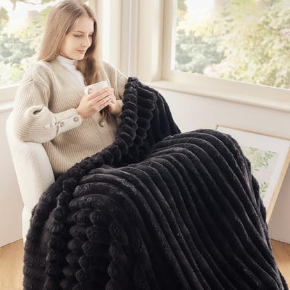 NEWCOSPLAY Fleece Ribbed Cozy Twin Blanket for Couch, Black, 60"x80" - color: Black Ribbed, size: Twin(60"x80")