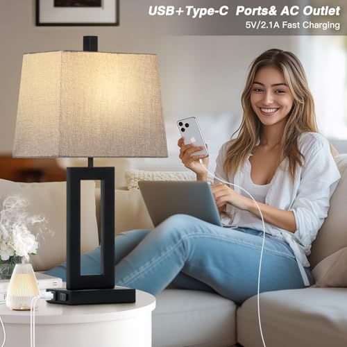 Cinkeda Bedside Table Lamp Set of 2,Nightstand Touch Lamps with USB Port - color: C.Gray&Black