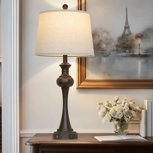 Cinyirong Brown Touch Table Lamps,28.75" Tall Bedside Lamps with USB C+A Ports, 3-Way Dimmable Table Lamp, Nightstand Lamps for Bedroom, Living Room，Brown Lamps with Beige Lampshade, Bulb Included - color: Brown-1pack