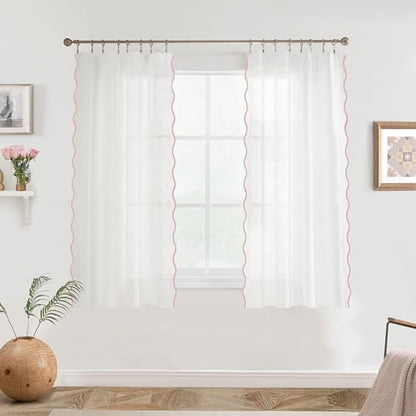 DriftAway Semi Sheer Scalloped Edge White Coastal Beach Window Curtains for Living Room Bedroom 2 Panels Rod Pocket Each Size 52 Inch by 54 Inch Pink - color: White Pink, size: 52"W x 54"L (Pack of 2)