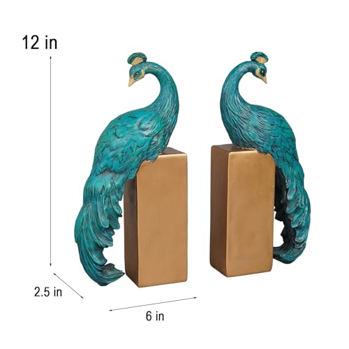 Heavy Duty Bookends Home Decor - Set of 2 Resin Peacock Non-Skid Decorative Bookends Bird Bookends Modern Peacock Statue Decor for Bookshelves Office Desk Living Room 6 * 2.5 * 12 Inch Braxio