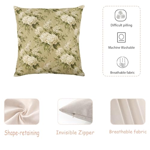 Neutral Beige Hydrangea Floral Linen Pillow Cover 18x18 Inch Set of 2 for Vintage Farmhouse Decor, Insert Not Included - color: Beige-cream-green Vintage