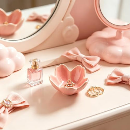 Flower Ceramic Jewelry Dish, Floral Ring Holder Tray - color: pink
