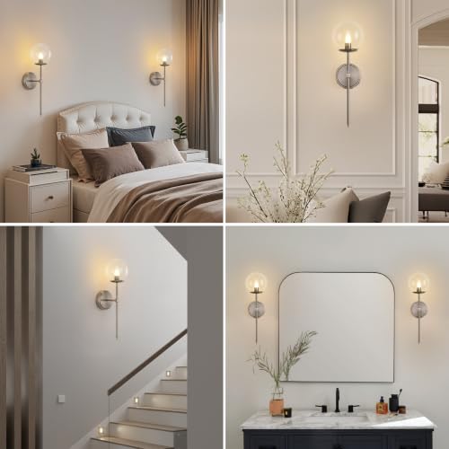 Globe Battery Operated Sconce Set of 2 with Clear Glass Lampshade - color: Brushed Nickel-Clear