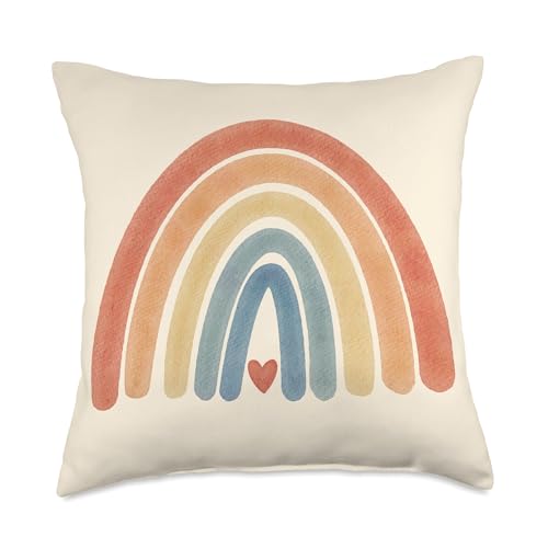 Boho Rainbow Heart Minimal Vintage Retro Stripes - Neutral Throw Pillow - size: 18x18