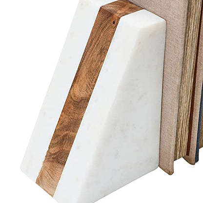 Main + Mesa Marble Geometric Bookends with Wood Inlay, White - size: 4" wide x 6" tall x 3" deep