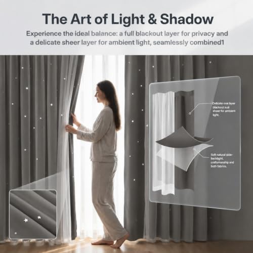 Grey Kids Star Cutout Blackout Curtains for Bedroom 52"W x 95"L 2 Panels - color: Grey, size: 52"W x 95"L (Pack of 2)