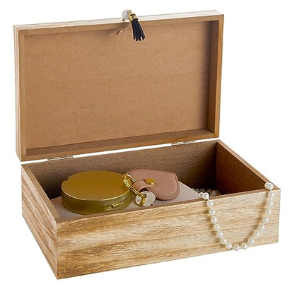 Juvale Wooden Box with Hinged Lid - Jewelry Storage for Rings & Trinkets - Decorative Storage Box for Coffee Table & Nightstand - 9.5 x 5.9 x 3.2 in, Pack of 1, Brown