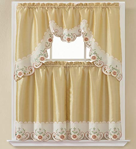 B&H Home Emma Floral Embroidered 3-Piece Kitchen Curtain Window Treatment Set (Emma Gold) - color: Emma Gold