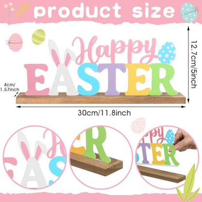 MiniInflat Happy Easter Metal Sign Rustic Table Decor Holiday Tiered Tray Decor with Wooden Base Freestanding Metal Word Sign for Home Tabletop Centerpiece Mantel Shelf Fireplace - style: Happy Easter