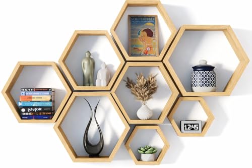 Hexagon Floating Shelves Set of 8 Honeycomb Shelves for Wall, Wooden Hexagon Shelves for Farmhouse Storage (Natural Wood) - color: Natural Wood