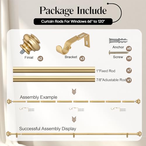 SIMEWIN Heavy Duty Curtain Rods for Windows 28 to 120 Inches, 1 Inch Gold Iron Curtain Rods with Classic Finials, Wall Mounted, LKCR005 - color: Gold, size: 28"-120"