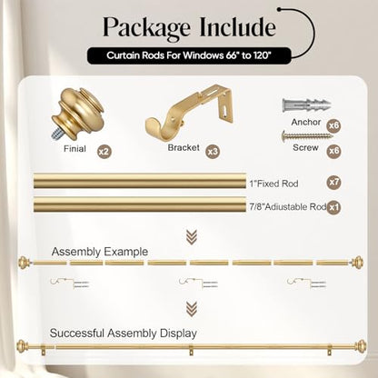 SIMEWIN Heavy Duty Curtain Rods for Windows 28 to 120 Inches, 1 Inch Gold Iron Curtain Rods with Classic Finials, Wall Mounted, LKCR005 - color: Gold, size: 28"-120"
