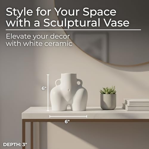 Half Body White Ceramic Vase – Flower Holder For Shelf or Table, Living Room or Bedroom – Sculptural Decorative Shape With Modern Glam Detail – Home Decor, Decorative vase – 6", White - color: White