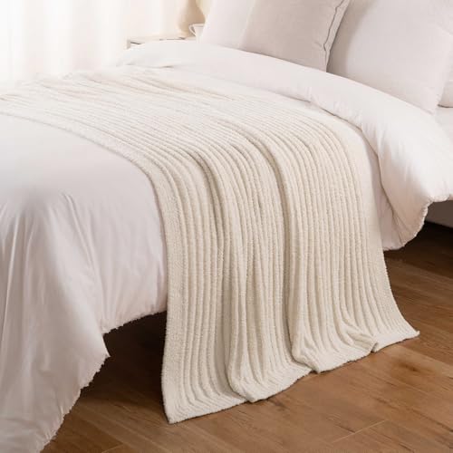 Battilo Cream Throw Blanket for Couch, Chenille Throw Blankets, 60"x80" - color: Cream, size: 60"x80"